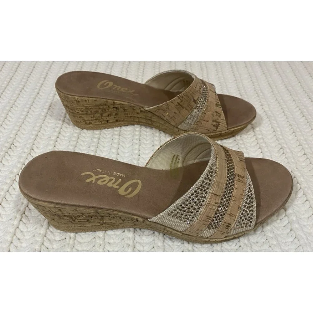 Onex Blanche Linen Stones Cork Wedge Sandals Shoes Made in Italy Womens 11 - Picture 3 of 13